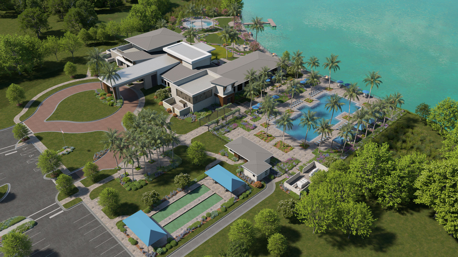 Vivid Shores pool and bocce aerial