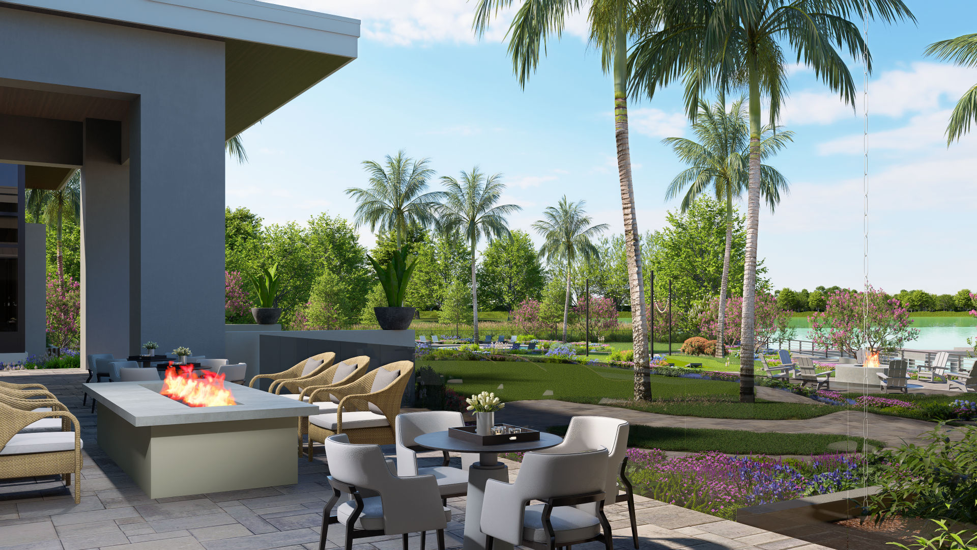 Vivid Shores outdoor firepit and lounge