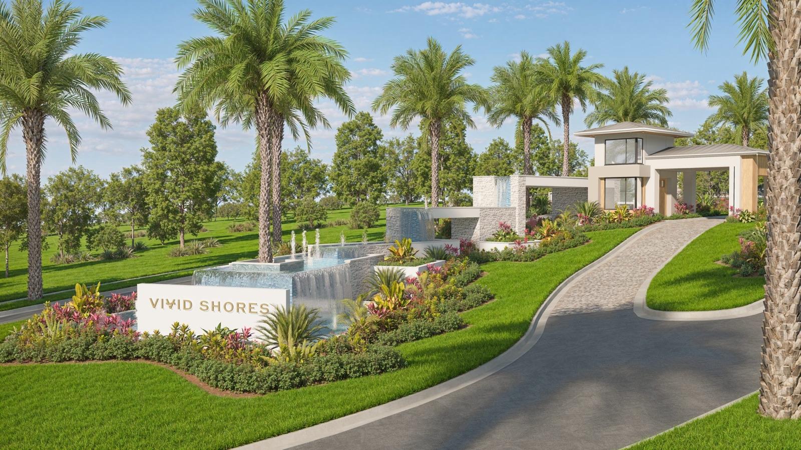 Aerial view of the Vivid Shores gated lakefront entrance in Bonita Springs, Florida